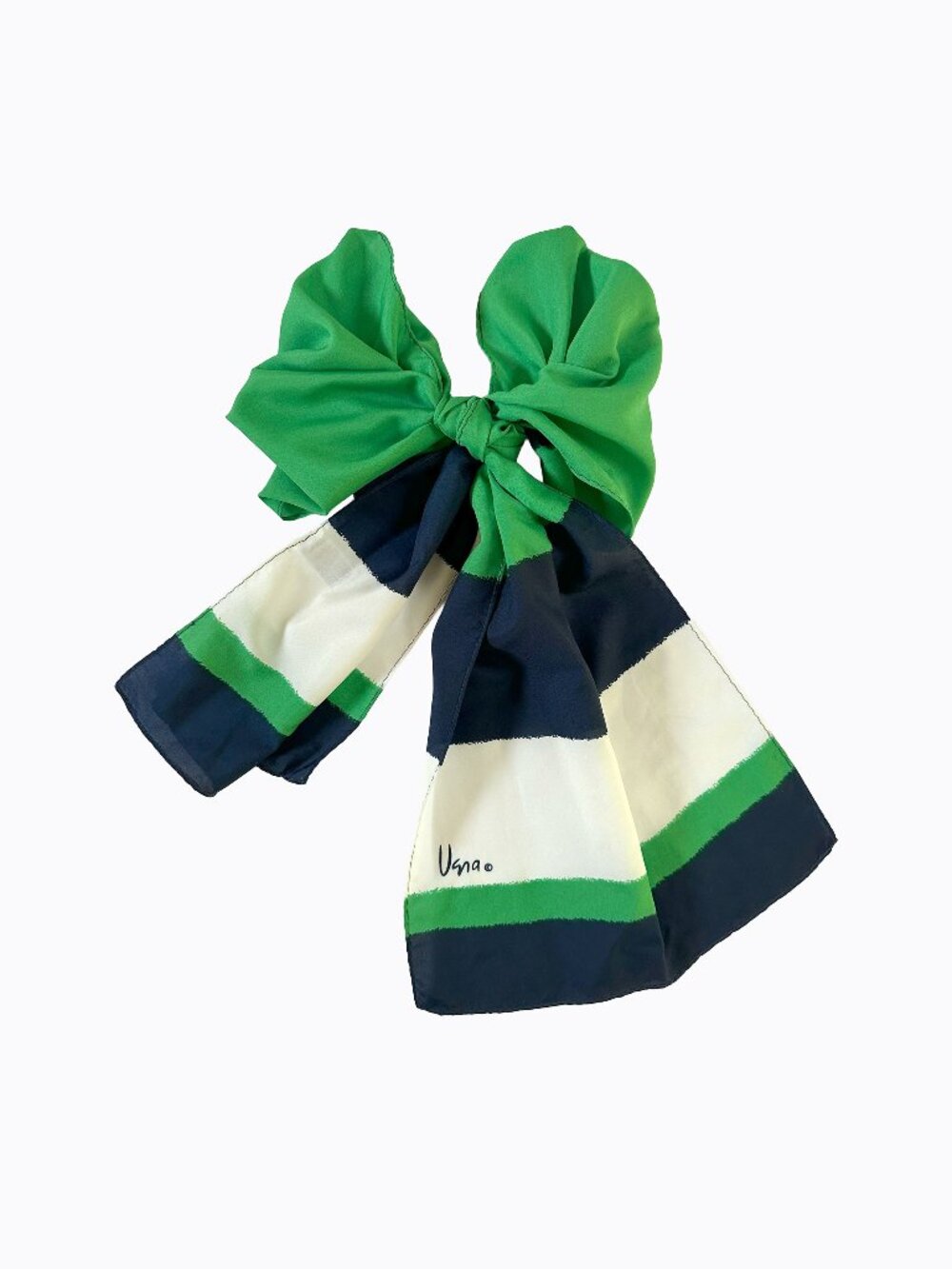 Vtg Vera Neumann Satin Scarf Green Navy Blue Striped Colorblock MCM Preppy Artsy